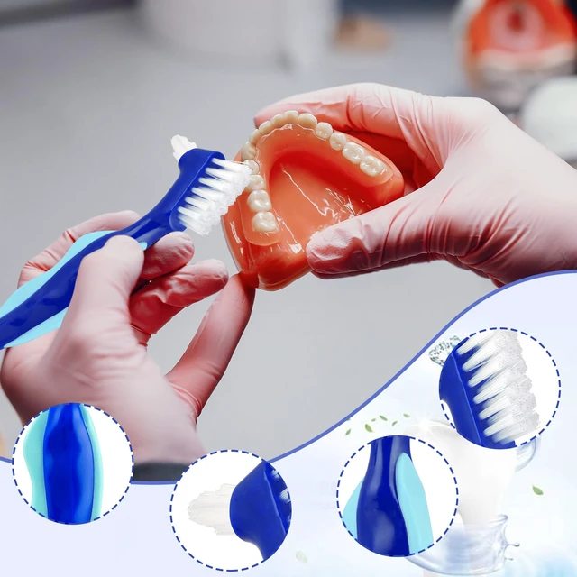 Alt view image 2 of 7 - WY LIGHTING Level 3-Pack Hard Denture Brush, Double-Sided Toothbrush with Multi-Layered Bristles & Rubber Anti-Slip Handle, 3 Colors