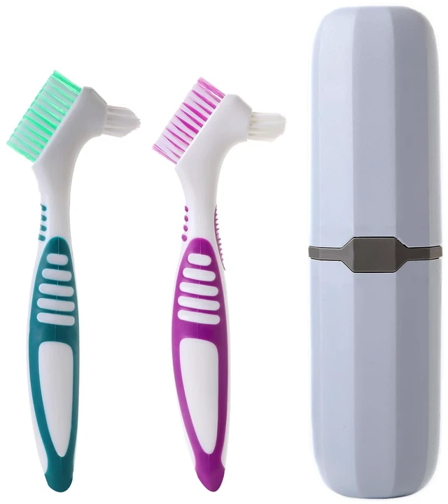 Main image of 2Pcs Denture Brush with Case, Travel False Teeth Toothbrush, Ergonomic Rubber Handle, Light Gray