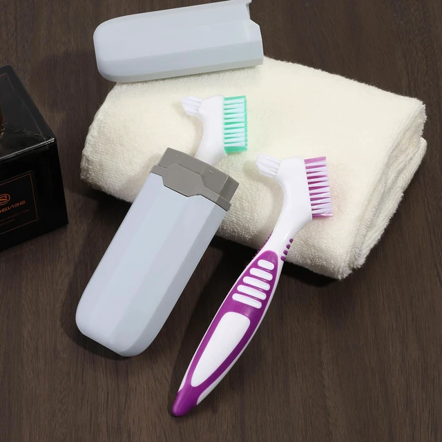 Alt view image 5 of 7 - 2Pcs Denture Brush with Case, Travel False Teeth Toothbrush, Ergonomic Rubber Handle, Light Gray