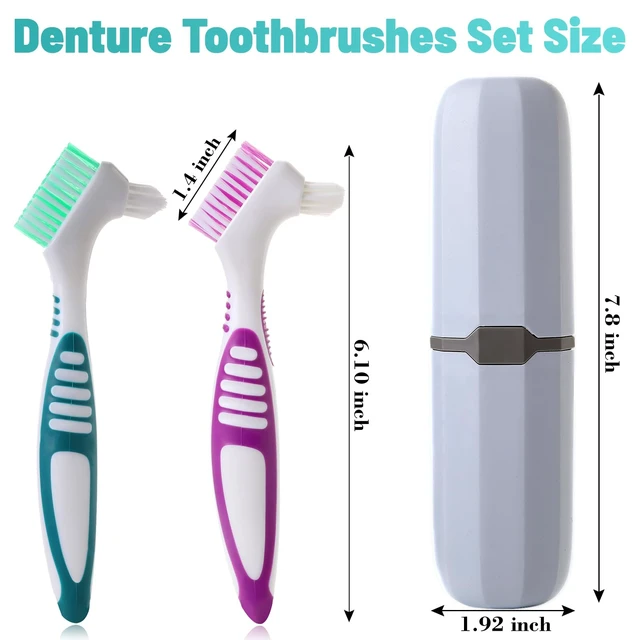 Alt view image 3 of 7 - 2Pcs Denture Brush with Case, Travel False Teeth Toothbrush, Ergonomic Rubber Handle, Light Gray