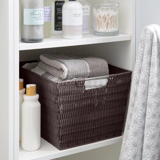 Alt view image 4 of 5 - Simplify Large Rattan Storage Tote Basket with Built-in Handles, Chocolate