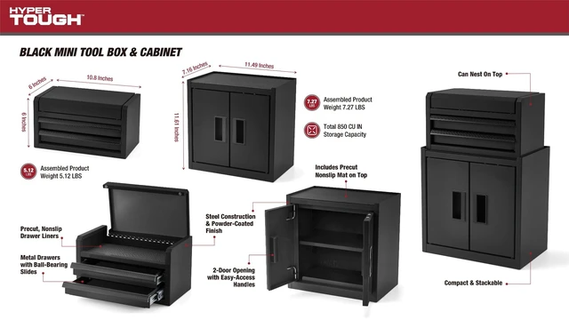 Alt view image 3 of 5 - Hyper Tough Mini Tool Cabinet 11.6in Steel Black Double Doors Non-Slip Top Mat