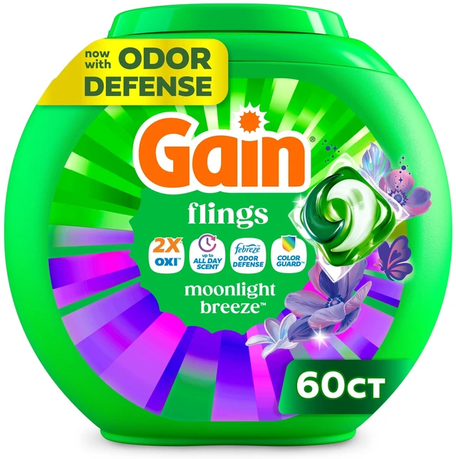 Main image of Gain Flings Laundry Detergent Soap Pacs, 4-in-1 Oxi Boost and Febreze, Moonlight Breeze Scent, 60 Count