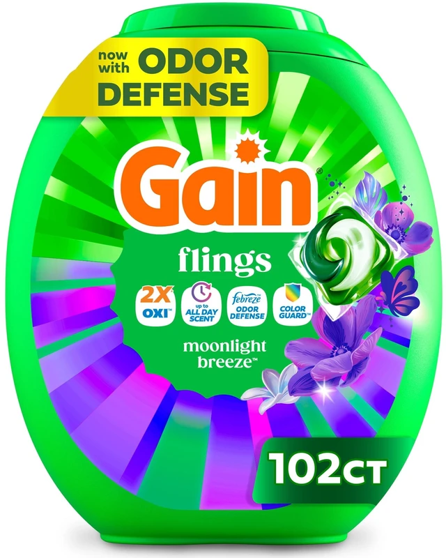Main image of Gain Flings Laundry Detergent Soap Pacs, 4-in-1 Oxi Boost and Febreze, Moonlight Breeze Scent, 102 Count