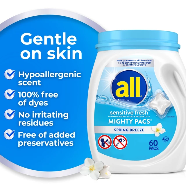 Alt view image 3 of 6 - All Sensitive Fresh Mighty Pacs Laundry Detergent, Hypoallergenic Spring Breeze Scent, Gentle for Sensitive Skin, 60 Count, HE Compatible