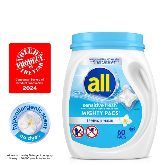 Alt view image 2 of 6 - All Sensitive Fresh Mighty Pacs Laundry Detergent, Hypoallergenic Spring Breeze Scent, Gentle for Sensitive Skin, 60 Count, HE Compatible