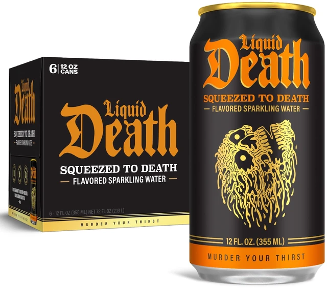 Main image of Liquid Death Squeezed to Death Orange-Flavored Sparkling Water 6-Pack 12 fl oz Cans Low Sugar Huge Flavor No Artificial Sweeteners