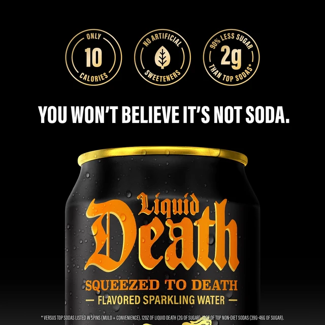Alt view image 2 of 5 - Liquid Death Squeezed to Death Orange-Flavored Sparkling Water 6-Pack 12 fl oz Cans Low Sugar Huge Flavor No Artificial Sweeteners