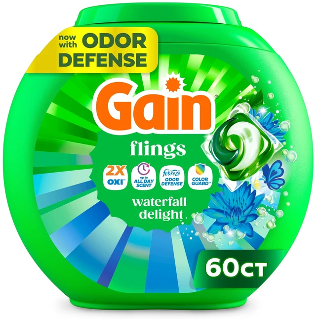 Main image of Gain Flings 4-in-1 Oxi Boost and Febreze Laundry Detergent Pacs, Waterfall Delight Scent, 60 Count