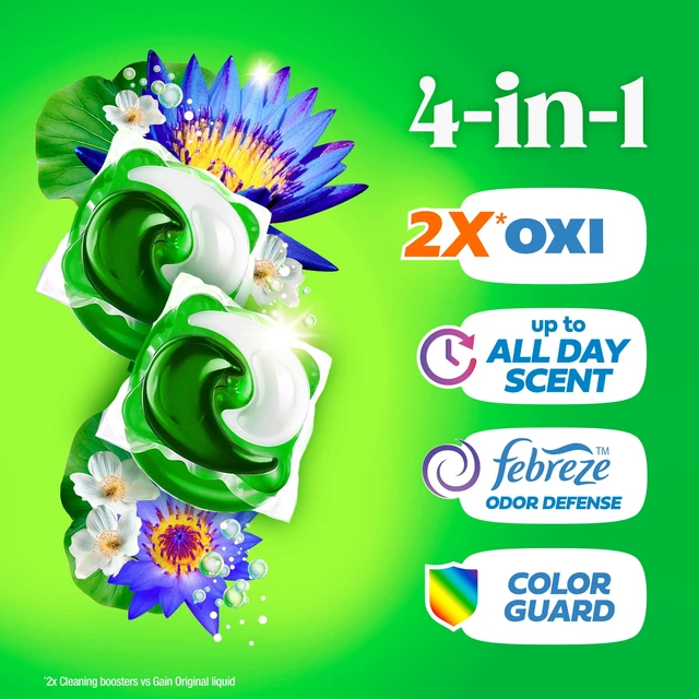 Alt view image 4 of 5 - Gain Flings 4-in-1 Oxi Boost and Febreze Laundry Detergent Pacs, Waterfall Delight Scent, 60 Count