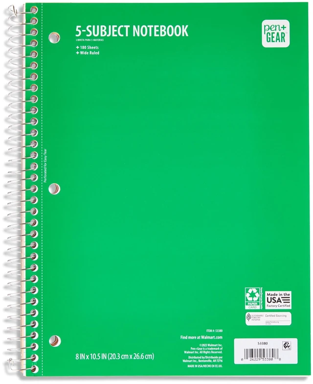 Main image of Pen+Gear 5-Subject Wide Ruled Notebook, 8x10.5in, Green