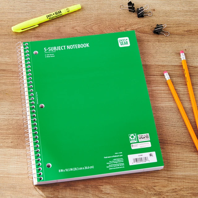 Alt view image 4 of 5 - Pen+Gear 5-Subject Wide Ruled Notebook, 8x10.5in, Green