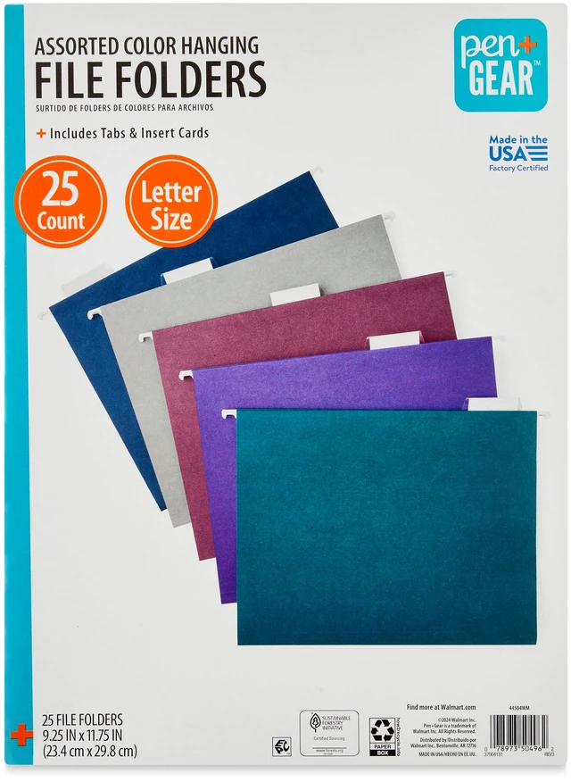 Main image of Pen+Gear Hanging File Folders, Letter Size, 1/5 Cut Tabs and Inserts, 25Count, Assorted Jewel Tone