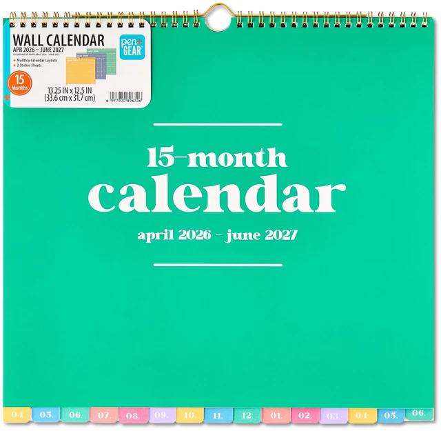 Main image of Pen+Gear Large Wall Calendar, 13.25"x12.5", Multi Color Solid, 15-Month April 2026-June 2027 with Stickers