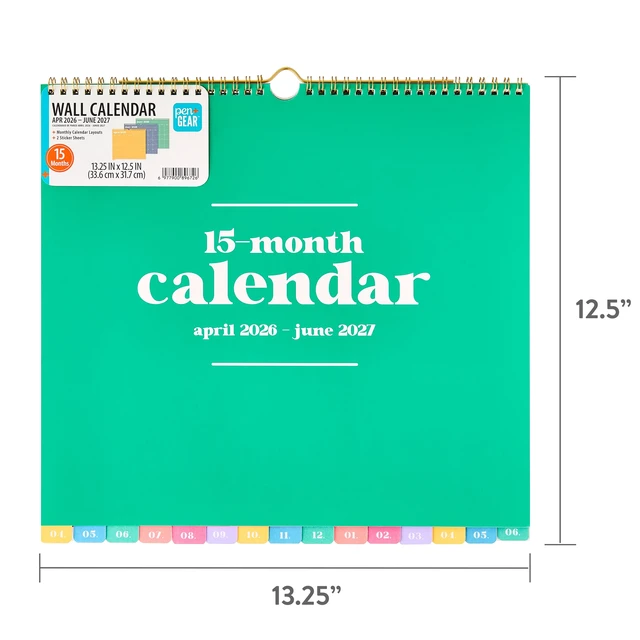 Alt view image 4 of 5 - Pen+Gear Large Wall Calendar, 13.25"x12.5", Multi Color Solid, 15-Month April 2026-June 2027 with Stickers