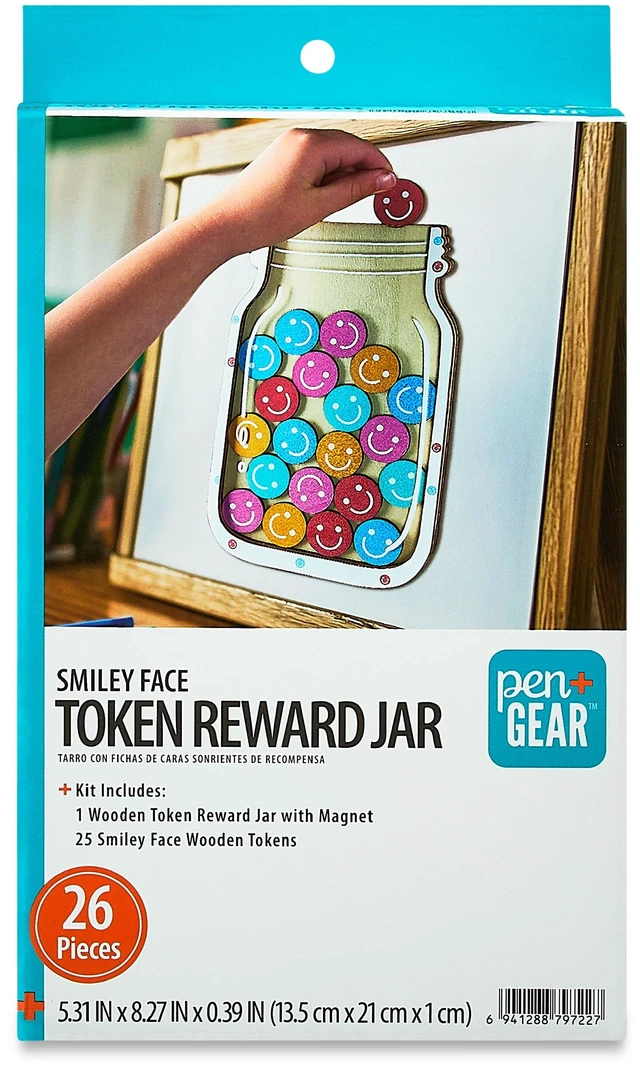 Main image of Pen+Gear Smiley Face Token Reward Jar, 26-Piece Magnetic Wooden Set, Ages 3+