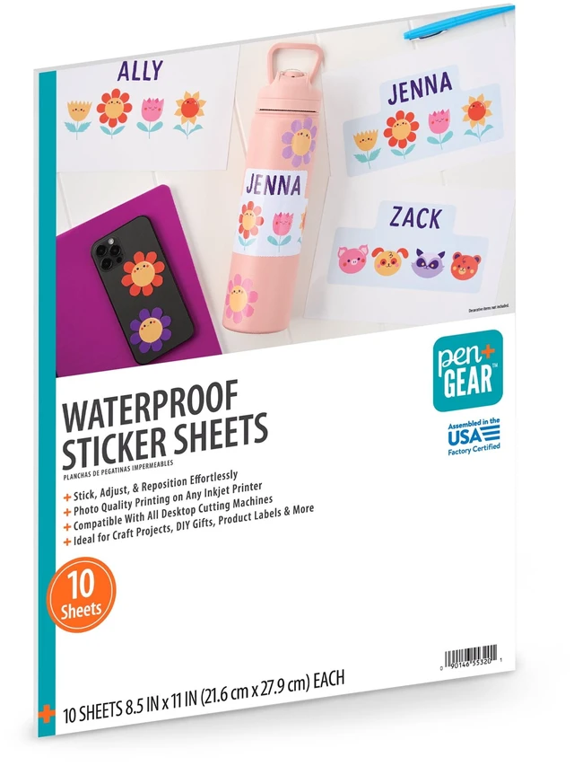 Main image of Pen+Gear Sticker Paper, Waterproof and Repositionable, 8.5 x 11 Inches, 10 Sheets, White