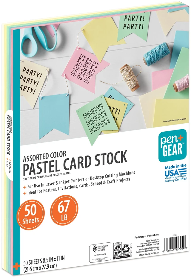 Main image of Pen+Gear Card Stock, Assorted Pastel, 8.5" x 11", 67lb, 50 Sheets