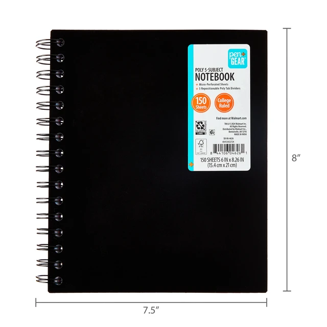 Alt view image 4 of 6 - Pen+Gear College Ruled 5-Subject Poly Notebook, 6" x 8.26", Black, 150 Sheets