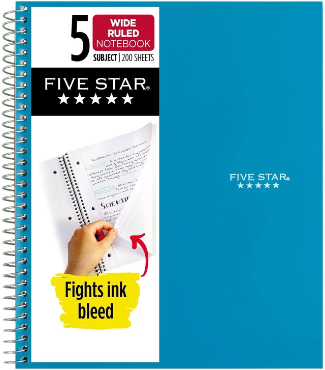 Main image of Five Star Spiral Notebook, 5 Subject, Wide Ruled, 8"x10.5", with Study App