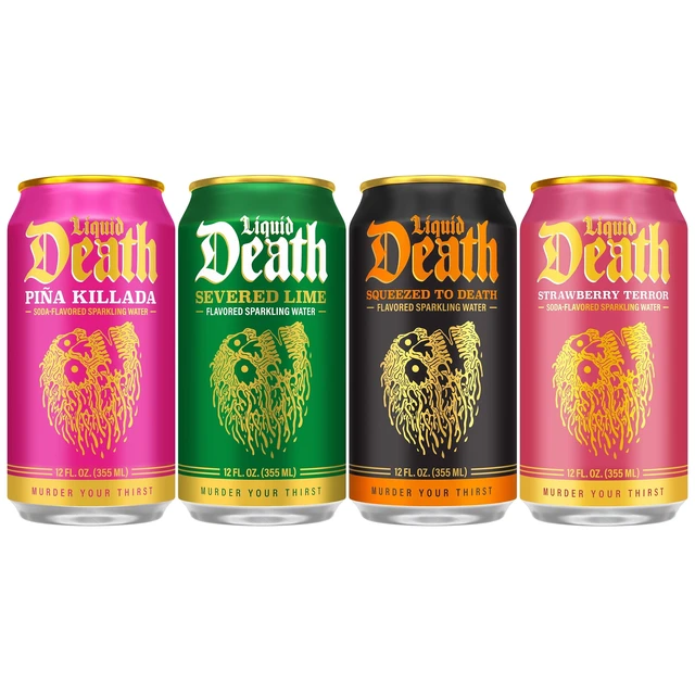 Alt view image 2 of 4 - Liquid Death Variety Pack Sparkling Water, 12-Pack (12 fl oz Cans), No Caffeine, No Artificial Sweeteners, 4 Flavors: Pina Killada, Severed Lime, Squeezed to Death, Straw