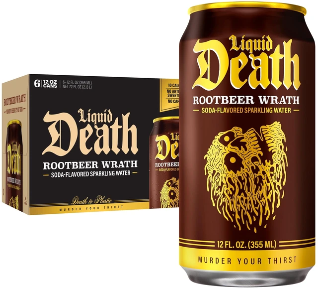 Main image of Liquid Death Rootbeer Wrath Soda-Flavored Sparkling Water, 6-Pack (12fl oz Cans), Low Sugar, Huge Flavor, No Artificial Sweeteners
