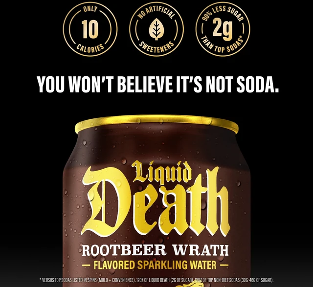 Alt view image 3 of 5 - Liquid Death Rootbeer Wrath Soda-Flavored Sparkling Water, 6-Pack (12fl oz Cans), Low Sugar, Huge Flavor, No Artificial Sweeteners