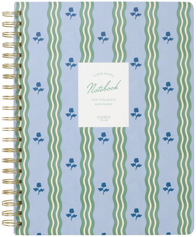 Main image of Papier To Go B5 Size College Ruled Lined Notebook Spiral Hardcover 7.1x10 Inches Stripe and Floral Print Ric Rac Blue