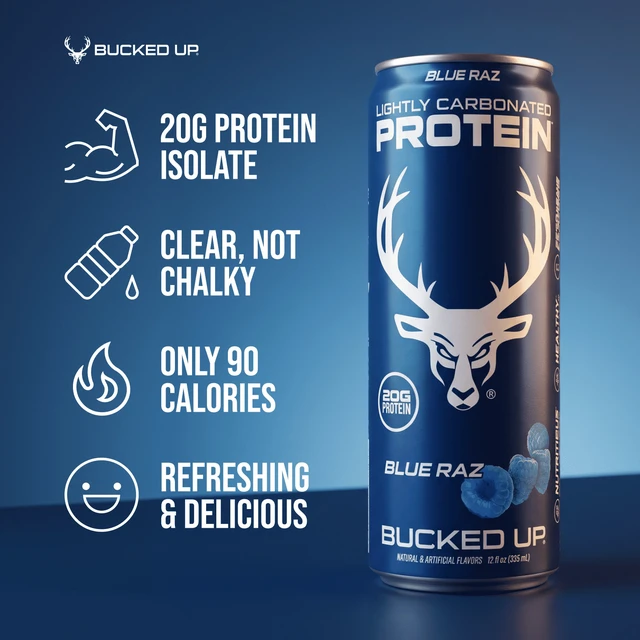 Alt view image 5 of 6 - Bucked Up Blue Raz Lightly Carbonated Protein 12 Fl Oz 4 Pack