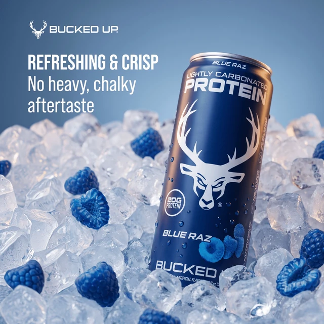 Alt view image 6 of 6 - Bucked Up Blue Raz Lightly Carbonated Protein 12 Fl Oz 4 Pack