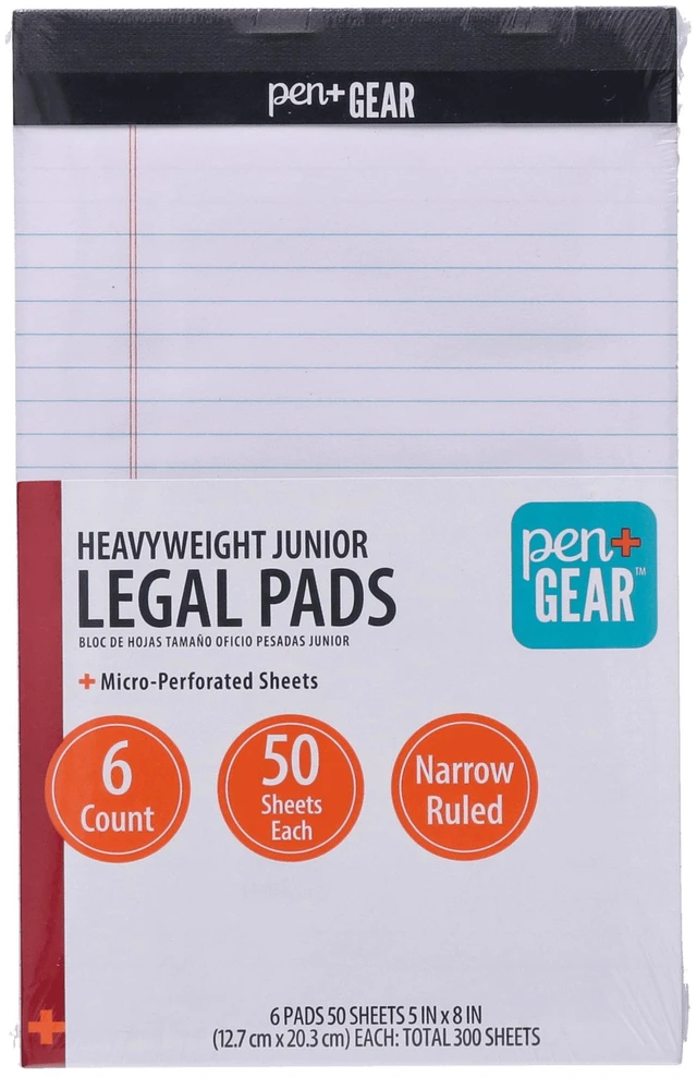 Main image of Pen+Gear Narrow Ruled Heavyweight Junior Legal Pads, 5"x8", White Paper, 50 Sheets Each, 6 Pack