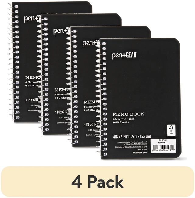 Main image of Pen+Gear Memo Book (4-Pack), 4in x 6in, Narrow Ruled, 80 Sheets, Black, Spiral Bound, Paper Cover
