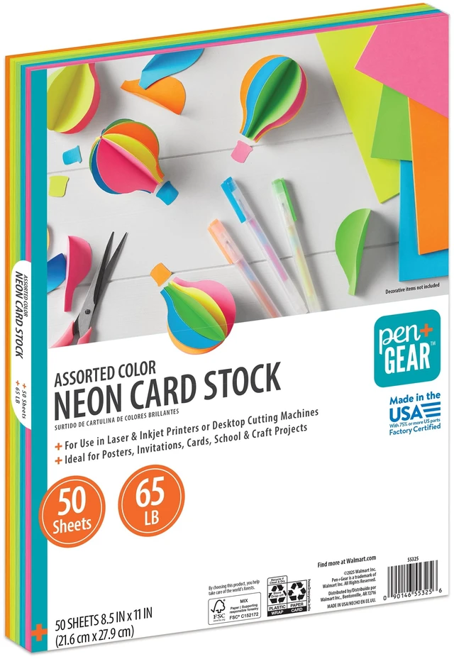 Main image of Pen+Gear Assorted Neon Card Stock, 8.5" x 11", 65 lb, 50 Sheets