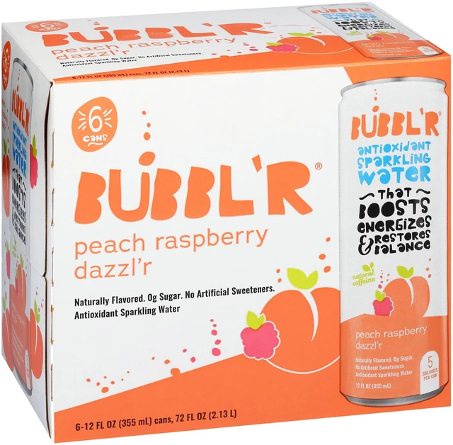 Main image of BUBBL'R Peach Raspberry Dazzl'r Antioxidant Sparkling Water, 12 fl oz, 6 Pack Cans