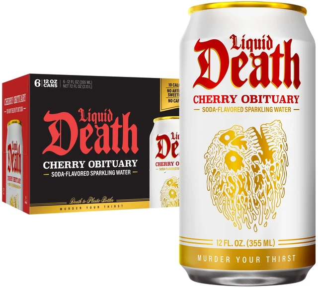 Main image of Liquid Death, Cherry Obituary, Soda-Flavored Sparkling Water, 6-Pack (12 fl oz Cans), Low Sugar, Huge Flavor, No Artificial Sweeteners