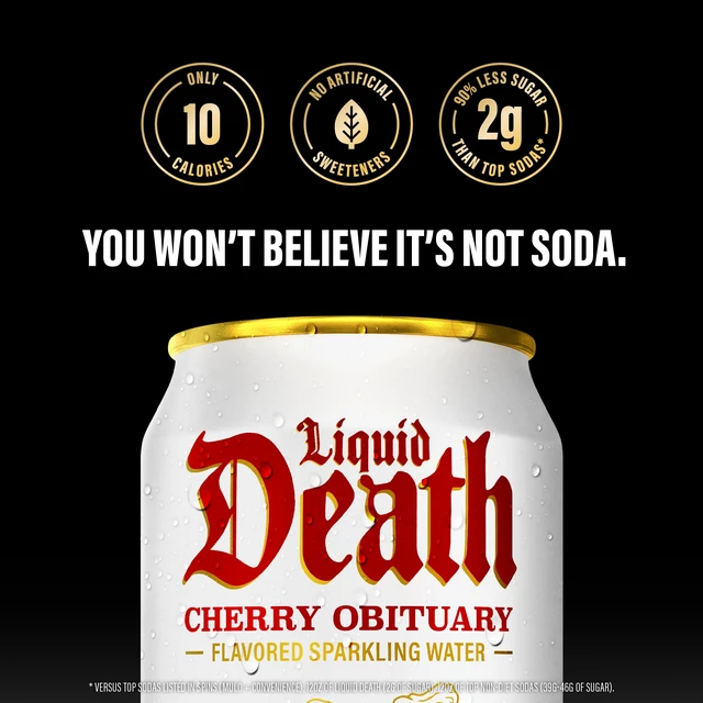 Alt view image 5 of 5 - Liquid Death, Cherry Obituary, Soda-Flavored Sparkling Water, 6-Pack (12 fl oz Cans), Low Sugar, Huge Flavor, No Artificial Sweeteners