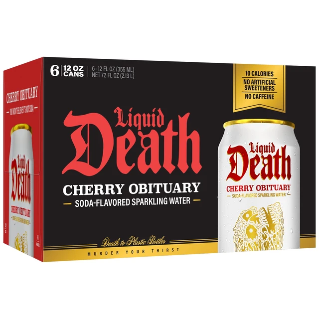 Alt view image 2 of 5 - Liquid Death, Cherry Obituary, Soda-Flavored Sparkling Water, 6-Pack (12 fl oz Cans), Low Sugar, Huge Flavor, No Artificial Sweeteners