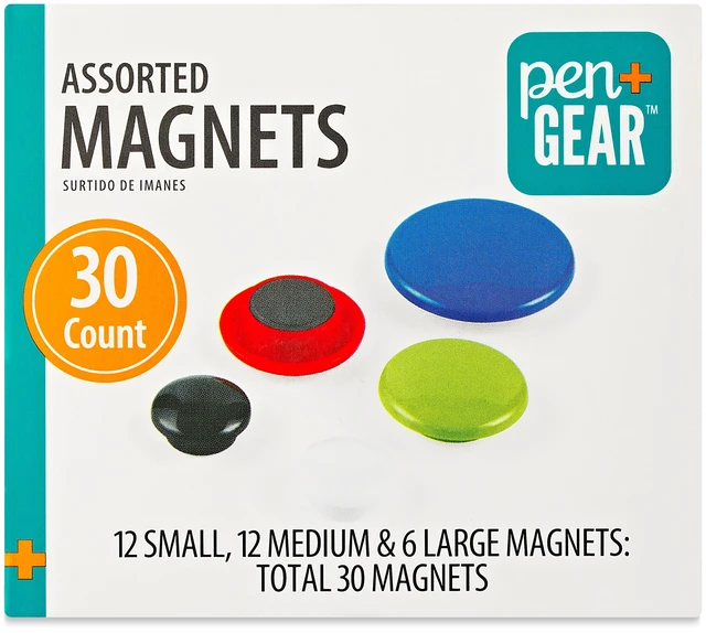 Main image of Pen+Gear 30 Counts Round Plastic Covered Magnetic Buttons, Refrigerator Whiteboard Magnets, 5 Assorted Colors, Small Medium Large Sizes