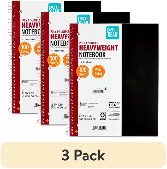 Main image of Pen+Gear Wide-Ruled 1-Subject Poly Notebook, Black, 8.5x10.5in, 100 Sheets, 3 Pack