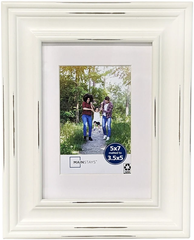 Main image of Mainstays 5 x 7 Distressed White Picture Frame with 3.5 x 5 White Mat for Tabletop or Wall Display