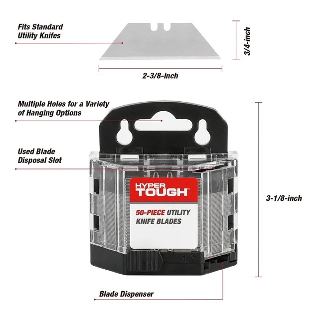 Alt view image 5 of 6 - Hyper Tough 50-Piece Standard Utility Knife Blades with Blade Dispenser