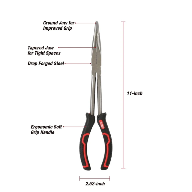 Alt view image 2 of 6 - Hyper Tough 11in 45-Degree Long Nose Plier with Ergonomic Soft Grip Handles