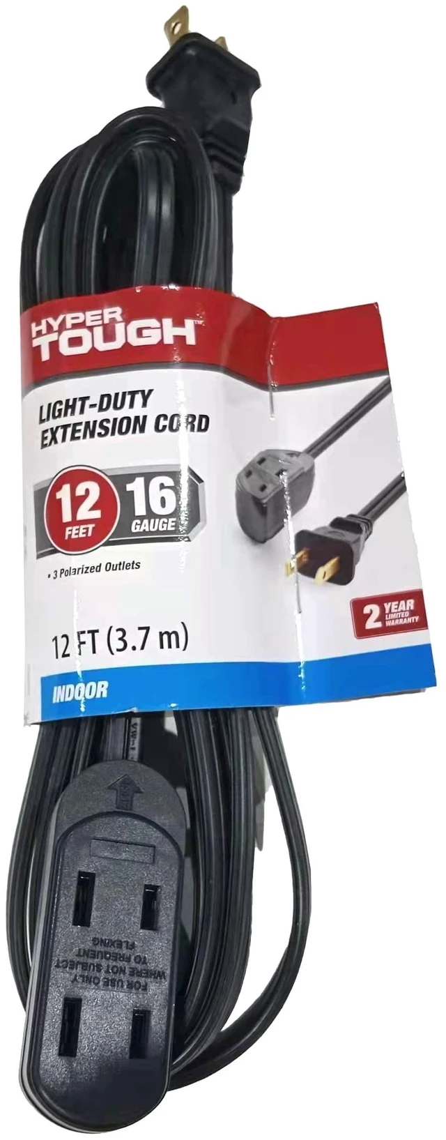 Main image of Hyper Tough 12Ft 16AWG 2-Prong Black Indoor Extension Cord, 125V13A