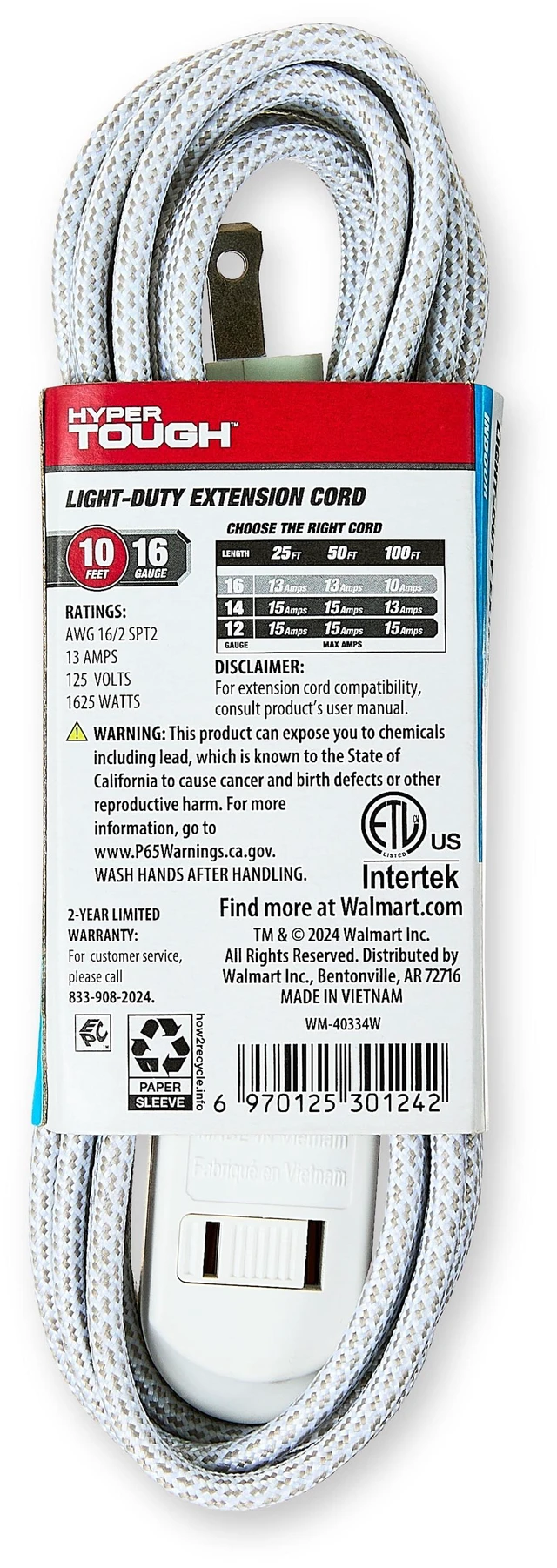 Alt view image 3 of 6 - Hyper Tough 10ft 3-Outlet White Braided 2-Prong Indoor Extension Cord