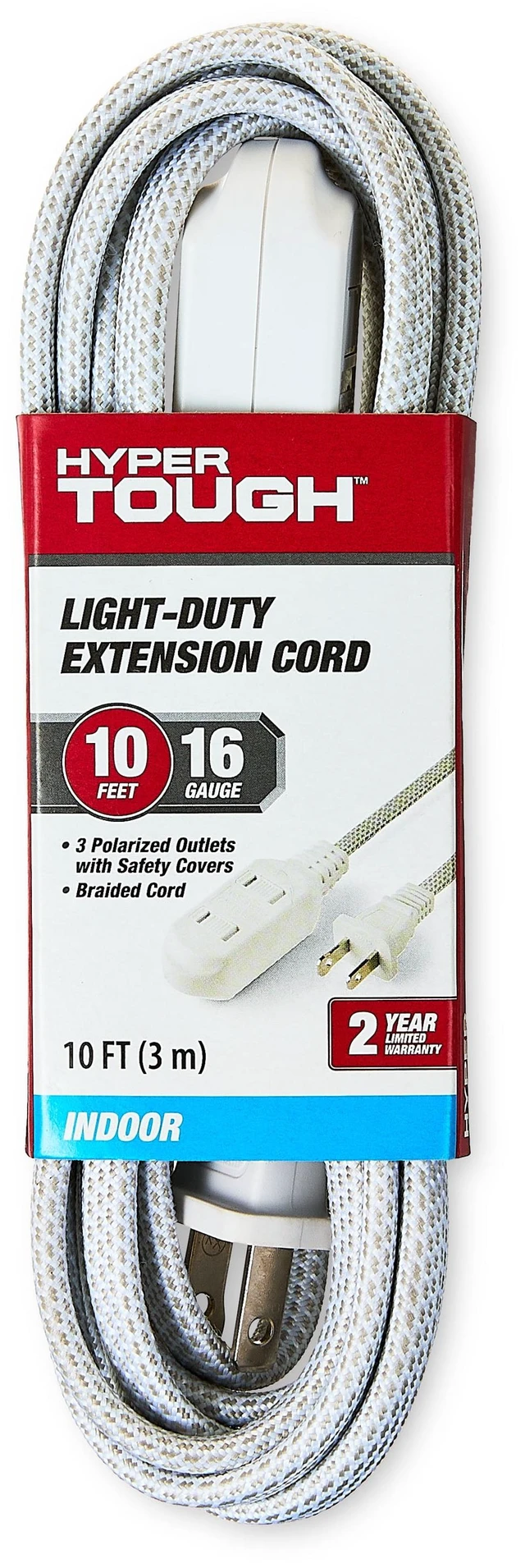 Alt view image 6 of 6 - Hyper Tough 10ft 3-Outlet White Braided 2-Prong Indoor Extension Cord