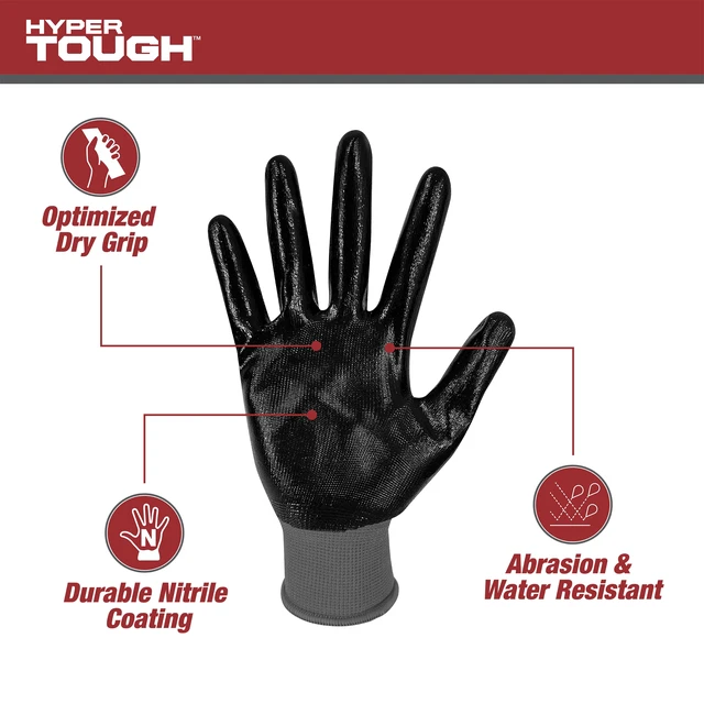 Alt view image 3 of 6 - Hyper Tough Nitrile Coated Water Resistant Gloves, Latex Free, Gray, X-Large, 3 Pairs