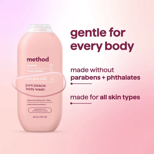 Alt view image 3 of 6 - Method Pure Peace Body Wash, 18 fl oz - Peony, Rose Water & Pink Sea Salt, Leaves Skin Soft & Moisturized, Paraben-Free