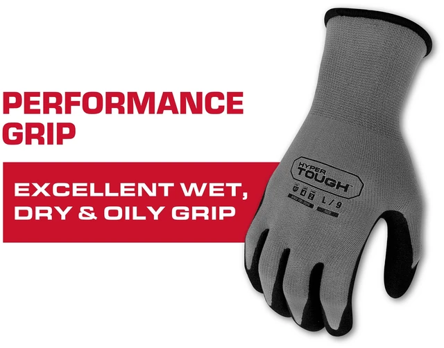 Main image of Hyper Tough Performance Grip Gloves, ANSI Cut Resistant, Nitrile, Nylon, Spandex, Gray, X-Large