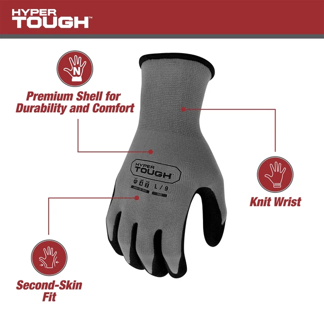 Alt view image 2 of 6 - Hyper Tough Performance Grip Gloves, ANSI Cut Resistant, Nitrile, Nylon, Spandex, Gray, X-Large