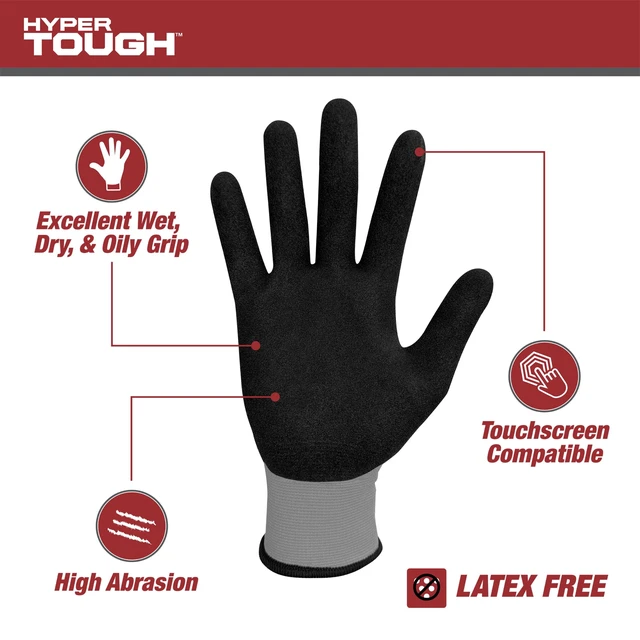 Alt view image 5 of 6 - Hyper Tough Performance Grip Gloves, ANSI Cut Resistant, Nitrile, Nylon, Spandex, Gray, X-Large